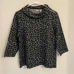 Chico's Black Gray Bold Animal Print Leopard Cowl Neck Top size 2 (US L / 12)